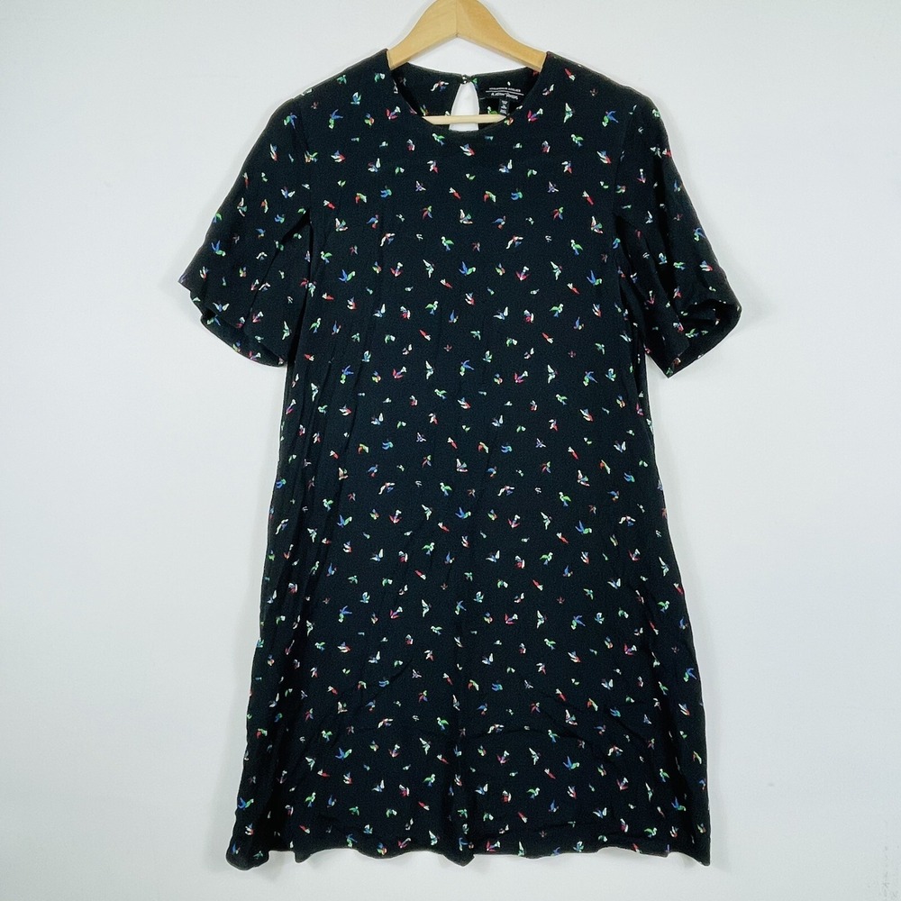 & Other Stories Black Mini Dress with Tiny Multicolor Bird Print